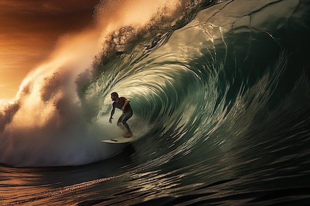 Alegria de um surfista surfando em ondas enormes