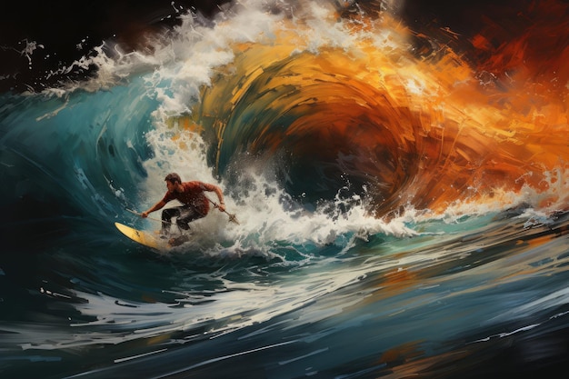Alegria de um surfista surfando em ondas enormes