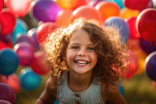 La alegría y la emoción de una niña jugando en un campo de globos coloridos en un primer plano AI generativa