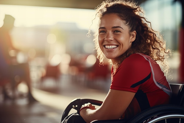 Alegría inclusiva Feliz niña discapacitada en silla de ruedas disfrutando del baloncesto en deportes adaptados