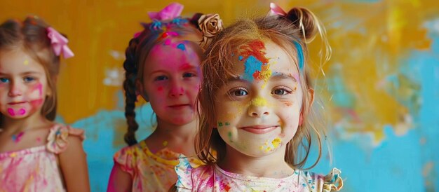 Alegría intercultural Cariñosas niñas europeas celebran el festival indio de Holi cubiertas de colorido polvo de pintura en rostros y cuerpos