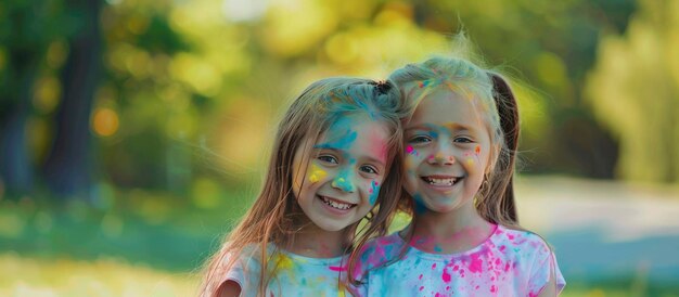 Alegría intercultural Cariñosas niñas europeas celebran el festival indio de Holi cubiertas de colorido polvo de pintura en rostros y cuerpos