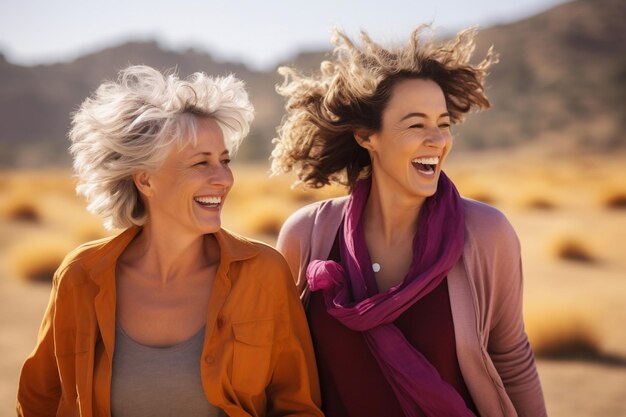 Alegria madura gerada imagem de mulheres felizes ao ar livre Ai generativa