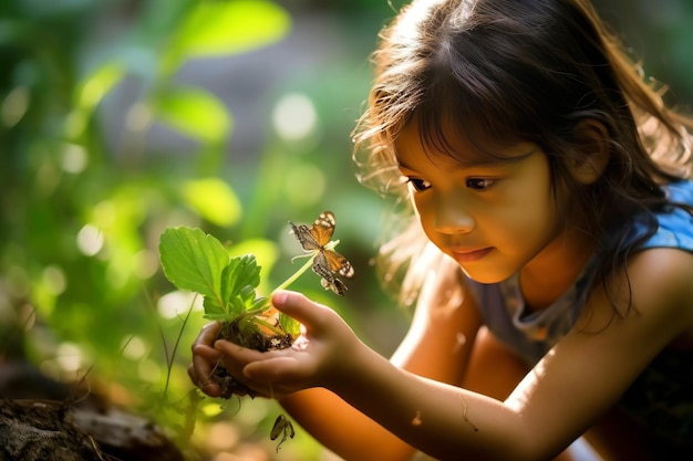 Foto la alegría y la maravilla de una niña explorando la naturaleza