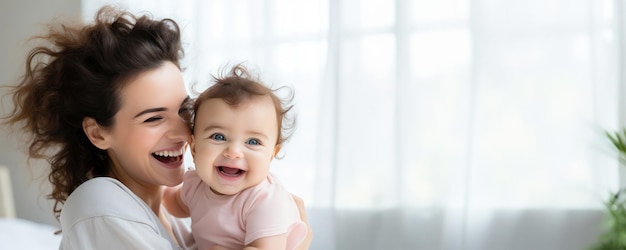 La alegría de la maternidad Un bebé se ríe mientras una mujer los sostiene