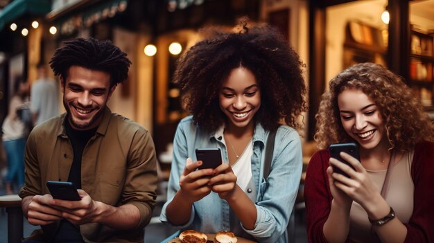 Alegria multicultural diversos amigos sorrindo juntos com smartphones