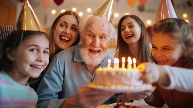 Alegría multigeneracional capturando la celebración de la fiesta de cumpleaños de un anciano en el interior