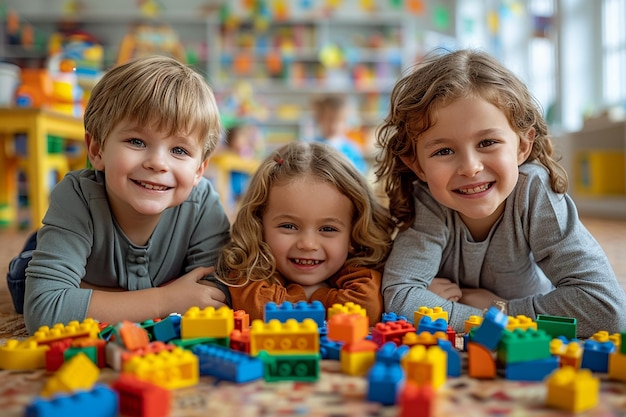 La alegría de los niños del jardín de infantes jugando con coloridos bloques de Lego