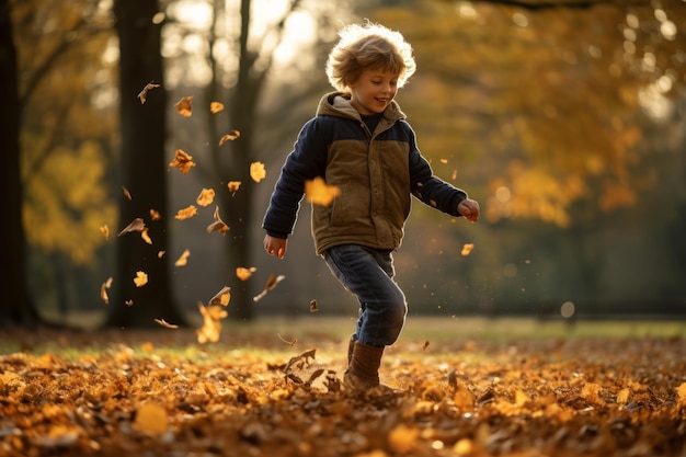 La alegría del otoño desató la animada danza de un niño entre las hojas que patean en un campo