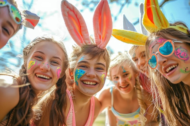 La alegría de la primavera desató un grupo de adolescentes con la pintura festiva de la cara del conejo disfrutando de la Pascua en una exuberante