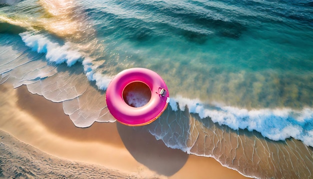La alegría de la puesta de sol Un flotador de piscina rosado añade encanto a la playa
