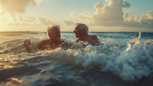 La alegría que enfrentan las parejas mayores mientras nadan juntas en el mar