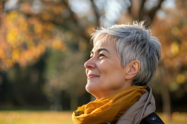 Foto alegría radiante una mujer anciana serena sonrisa bienaventurada en la naturaleza ia generativa