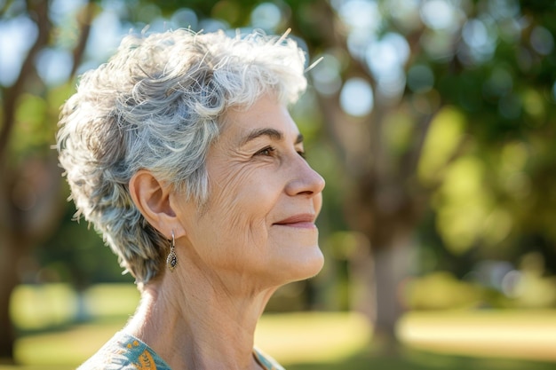 Alegría radiante Una mujer anciana serena Sonrisa bienaventurada en la naturaleza IA generativa