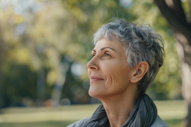 Alegría radiante Una mujer anciana serena Sonrisa bienaventurada en la naturaleza IA generativa