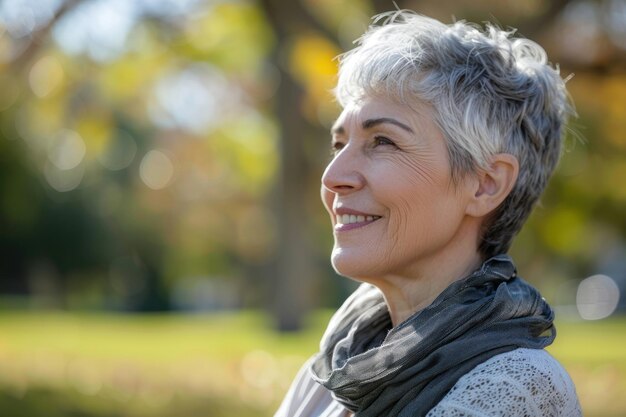 Alegría radiante Una mujer anciana serena Sonrisa bienaventurada en la naturaleza IA generativa