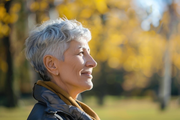 Alegría radiante Una mujer anciana serena Sonrisa bienaventurada en la naturaleza IA generativa