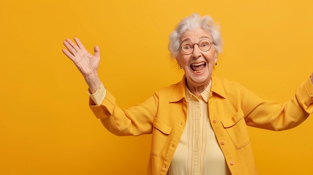 Foto alegría radiante mujer de edad avanzada que expresa su felicidad aislada en un fondo sólido con un amplio espacio para copiar