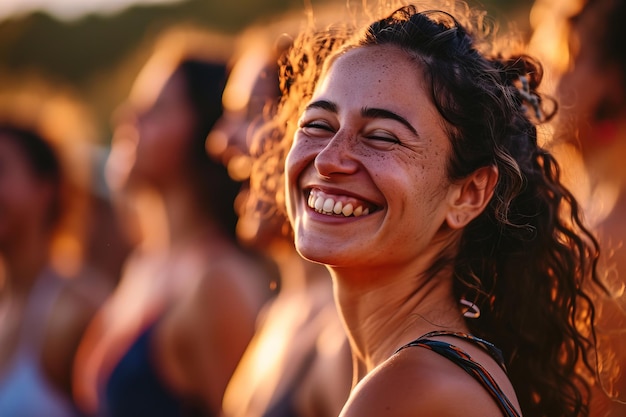 La alegría radiante que une a la humanidad La sonrisa encantadora de una mujer adorna una reunión de almas que celebran