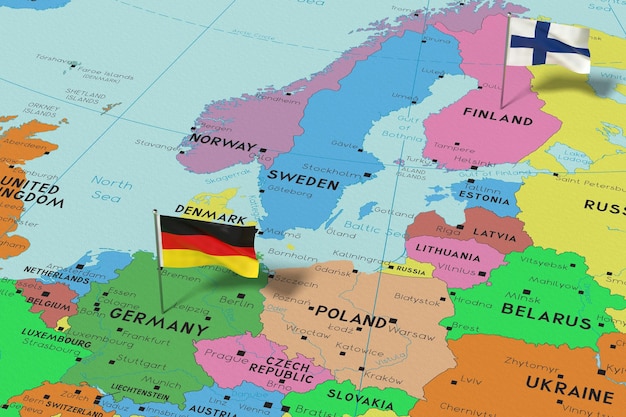 Alemanha e Finlândia fixam bandeiras na ilustração 3D do mapa político