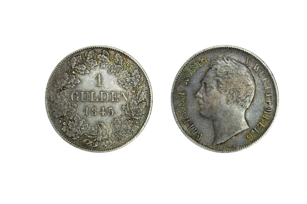 Foto alemanha moeda de prata wurttemberg 1 gulden 1845, cabeça de guilherme i, denominação e data em carvalho