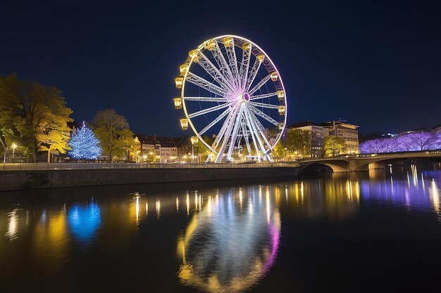 Foto alemania baden-württemberg stuttgart cannstatter wasen rueda de ferris brillante que se refleja en el río neckar por la noche