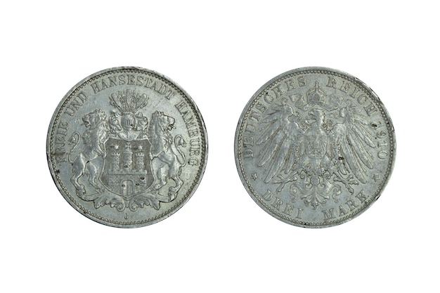 Alemania Imperio Hamburgo moneda de plata 3 tres marcos 1910, escudo de apoyo de leones con fortaleza y caballeros