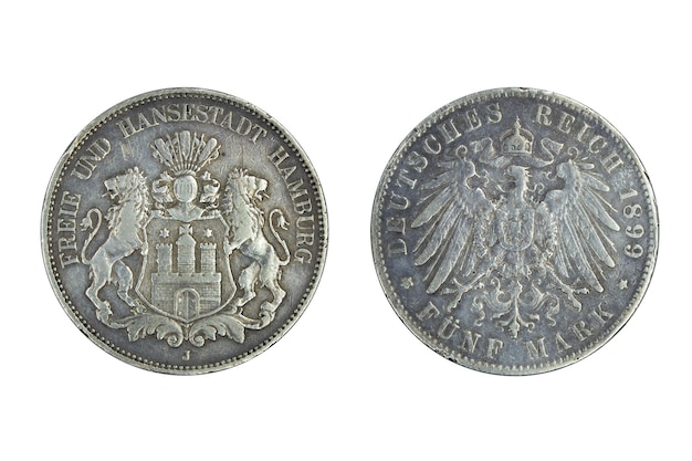 Alemania Imperio Hamburgo moneda de plata 5 cinco marcos 1899, escudo de apoyo de leones con fortaleza, caballeros hel