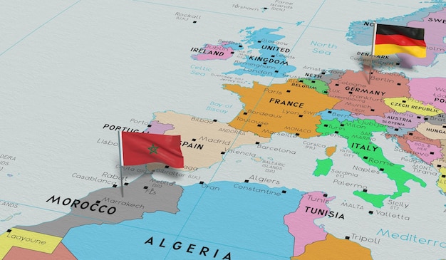 Alemania y Marruecos fijan banderas en el mapa político ilustración 3D