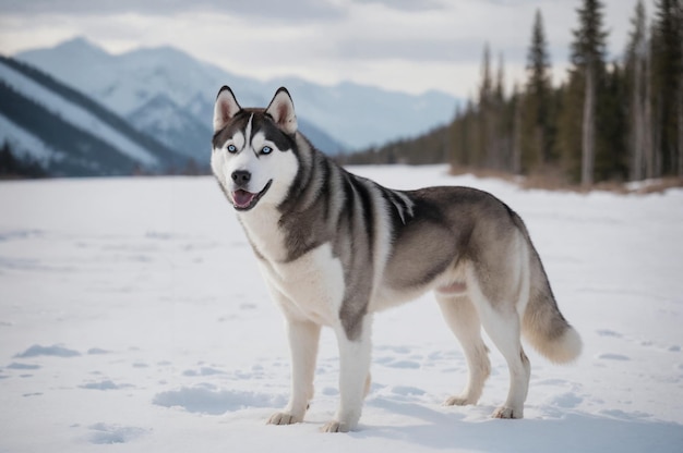 Foto alert siberian husky steht auf der wache