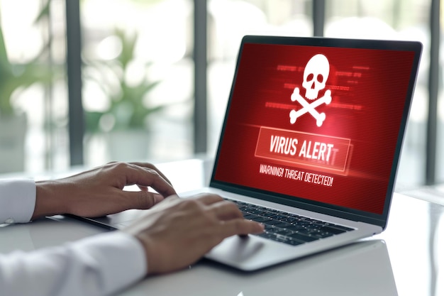 Alerta de advertencia de virus en la pantalla de la computadora detectada amenaza cibernética enérgica