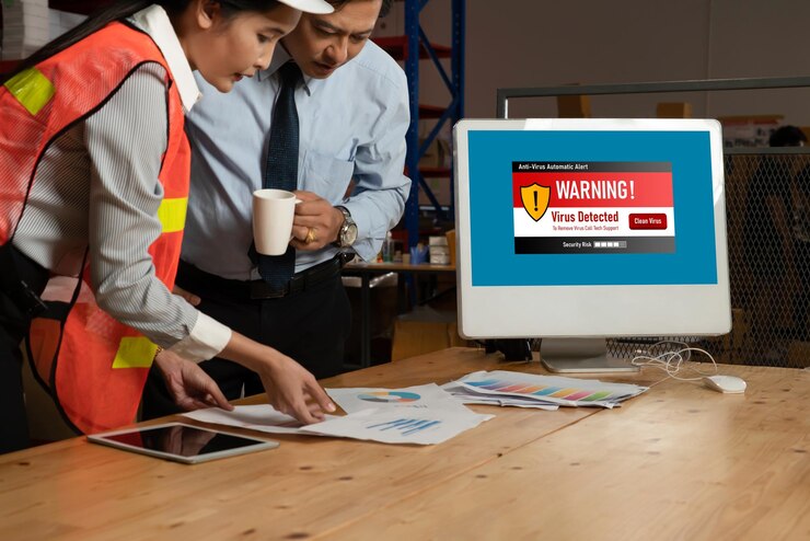 Foto alerta de advertencia de virus en la pantalla de la computadora detectada una amenaza cibernética moderna