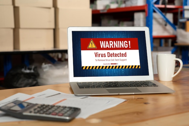Alerta de advertencia de virus en la pantalla de la computadora detectada amenaza cibernética modish hacker virus informático y malware