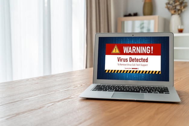 Alerta de advertencia de virus en la pantalla de la computadora detectada amenaza cibernética modish hacker virus informático y malware