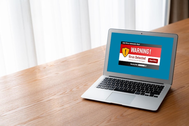 Alerta de advertencia de virus en la pantalla de la computadora detectada amenaza cibernética modish hacker virus informático y malware