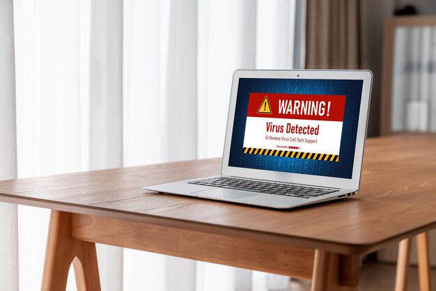 Alerta de advertencia de virus en la pantalla de la computadora detectada amenaza cibernética modish hacker virus informático y malware