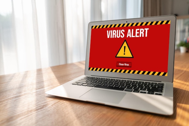 Alerta de advertencia de virus en la pantalla de la computadora detectada amenaza cibernética modish hacker virus informático y malware