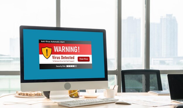 Foto alerta de advertencia de virus en la pantalla de la computadora detectada amenaza cibernética modish hacker virus informático y malware