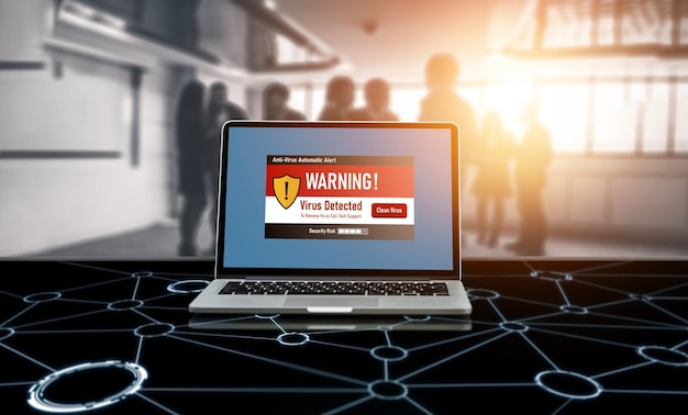 Alerta de advertencia de virus en la pantalla de la computadora detectó una amenaza cibernética moderna