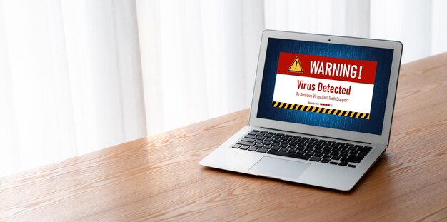 Alerta de advertencia de virus en la pantalla de la computadora detectó una amenaza cibernética moderna