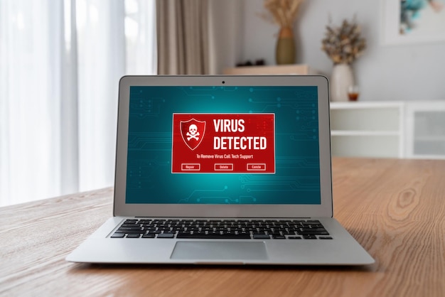 Alerta de advertencia de virus en la pantalla de la computadora detectó una amenaza cibernética moderna