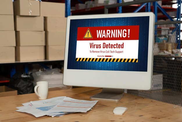 Alerta de advertencia de virus en la pantalla de la computadora detectó una amenaza cibernética moderna