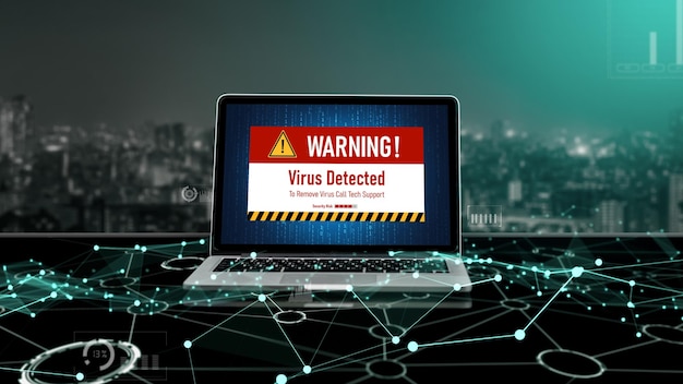 Alerta de advertencia de virus en la pantalla de la computadora detectó una amenaza cibernética moderna