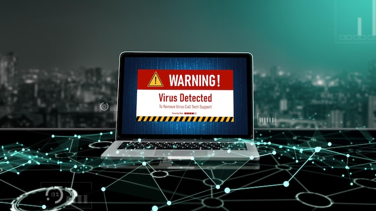Foto alerta de advertencia de virus en la pantalla de la computadora detectó una amenaza cibernética moderna