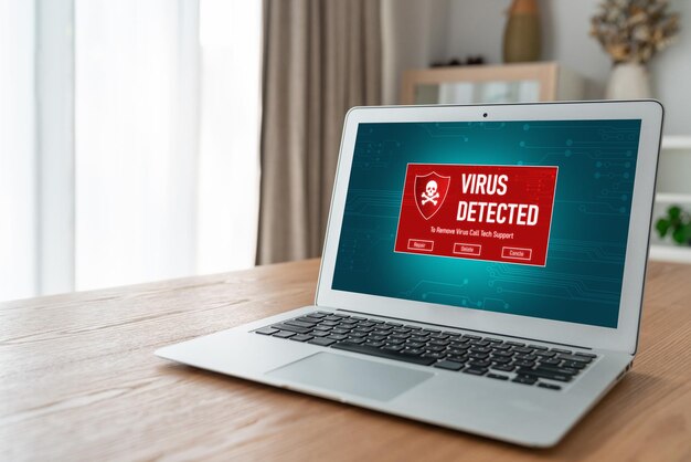 Alerta de advertencia de virus en la pantalla de la computadora detectó una amenaza cibernética moderna