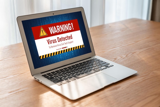 Alerta de advertencia de virus en la pantalla de la computadora detectó una amenaza cibernética moderna