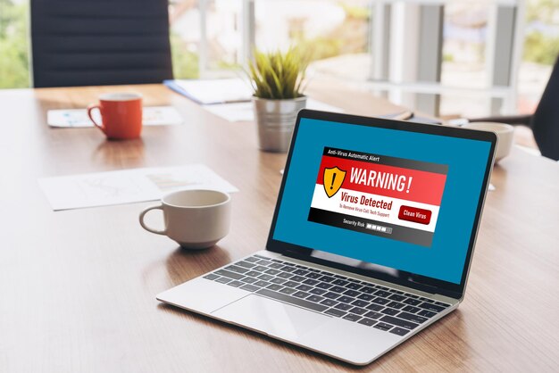 Alerta de advertencia de virus en la pantalla de la computadora detectó una amenaza cibernética moderna
