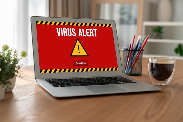 Alerta de advertencia de virus en la pantalla de la computadora detectó una amenaza cibernética moderna