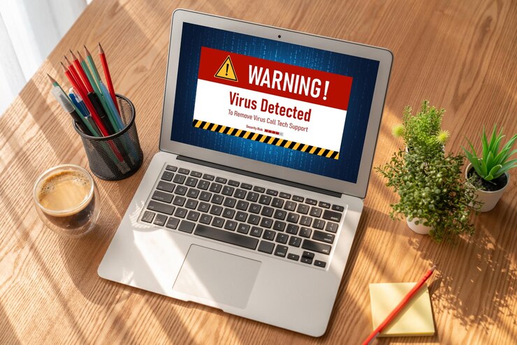 Foto alerta de advertencia de virus en la pantalla de la computadora detectó una amenaza cibernética moderna