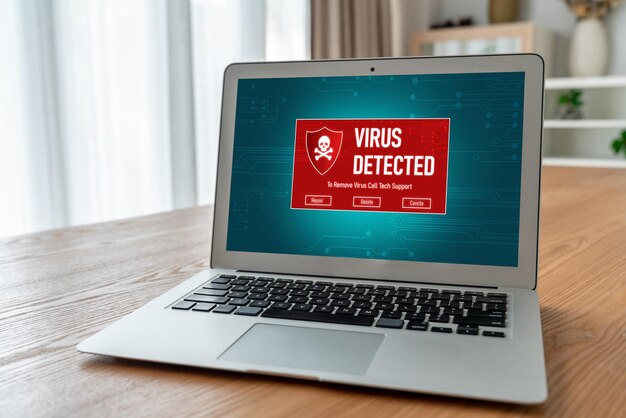 Alerta de advertencia de virus en la pantalla de la computadora detectó una amenaza cibernética moderna